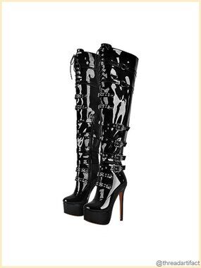 Platform Thigh High Boots Zippers Rivets Lace Up Buckle Heels Over Knee